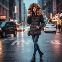 Дамско яке City Angels с качулка, Черно, подвижен пух бежов