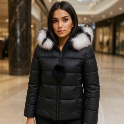 Дамско яке City Angels с качулка, Черно, подвижен пух бял