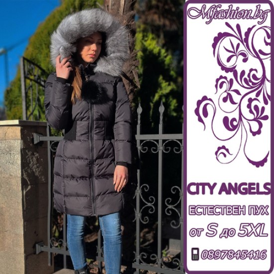 Дълго Дамско яке с вталена кройка, City Angels, естествен пух, 7024